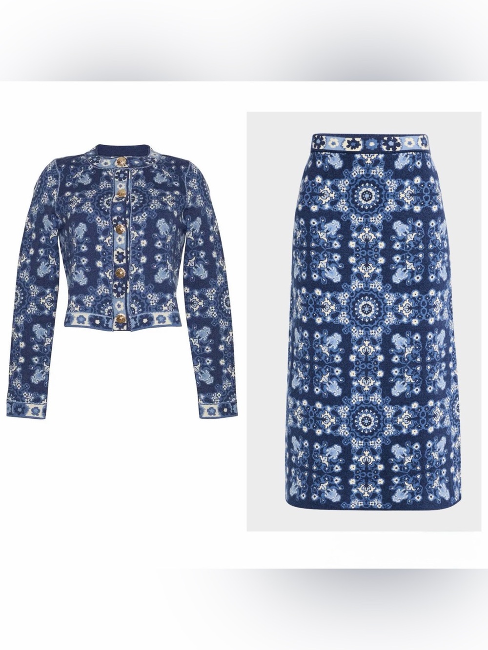 Cara Cara Livi Blue Tile/Floral-Print Knit Jacket and Midi Skirt Blue
